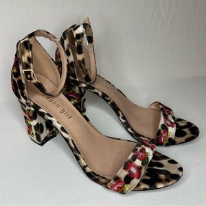 Madden Girl Behave Ankle Strap Heeled Sandal Floral Leopard Print Women’s Size 9